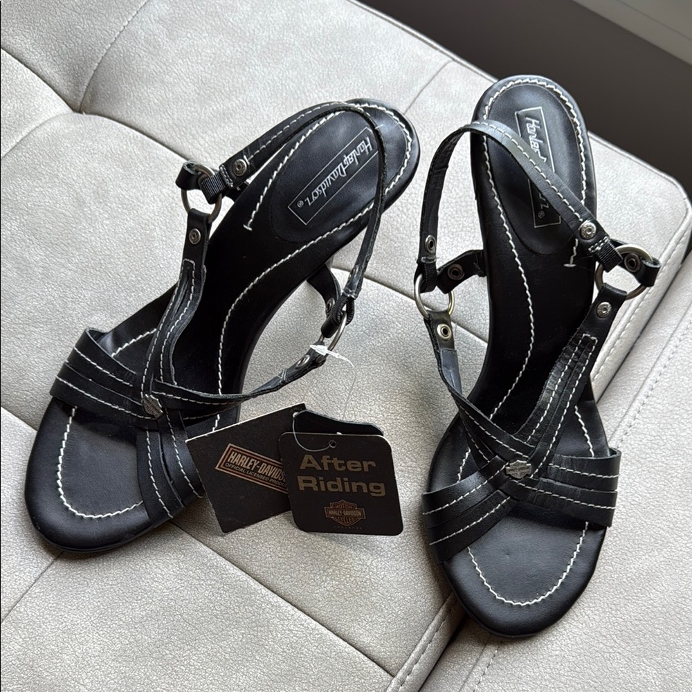 New NWT Harley-Davidson Black Leather High Heel Sling Back Sandals sz 9 1/2 9.5